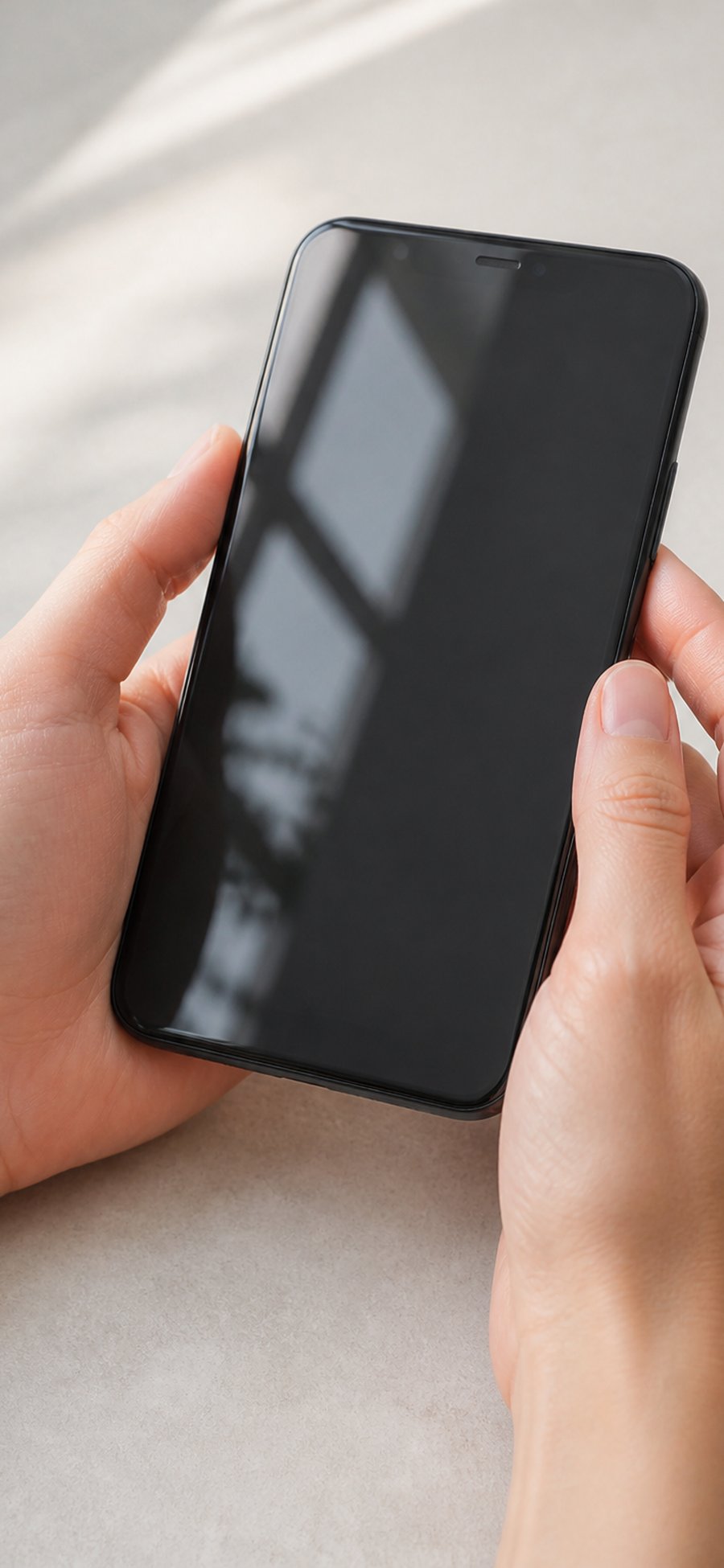 Zwei Hände halten ein Smartphone mit dunklem Display